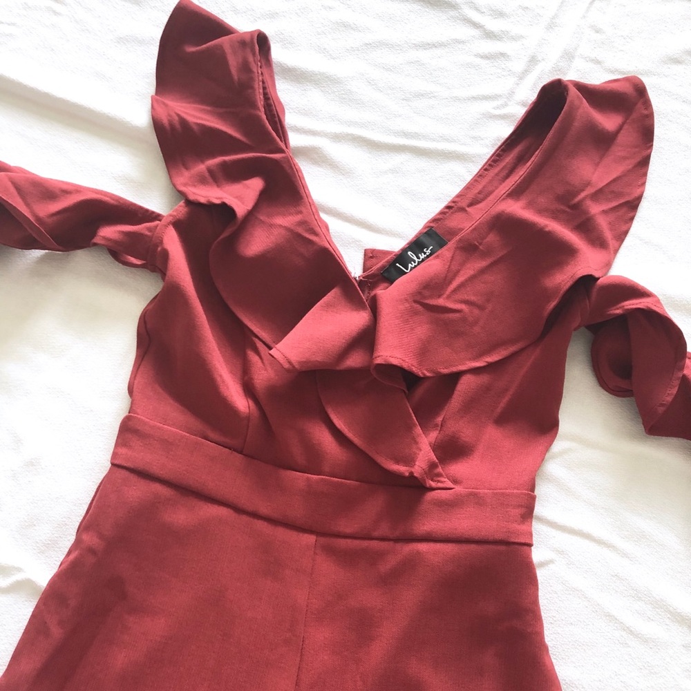 Lulu's Rust Ruffle Cold Shoulder Jumpsuit - Picture 3 of 4